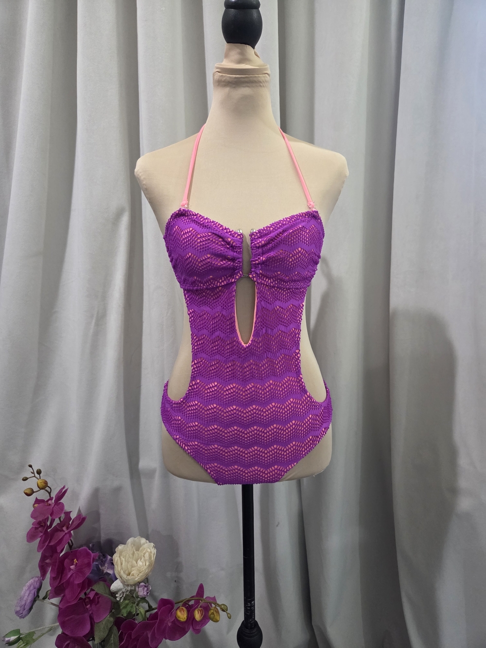 Unbranded Women's Pink Purple Crochet Monokini Swimwear